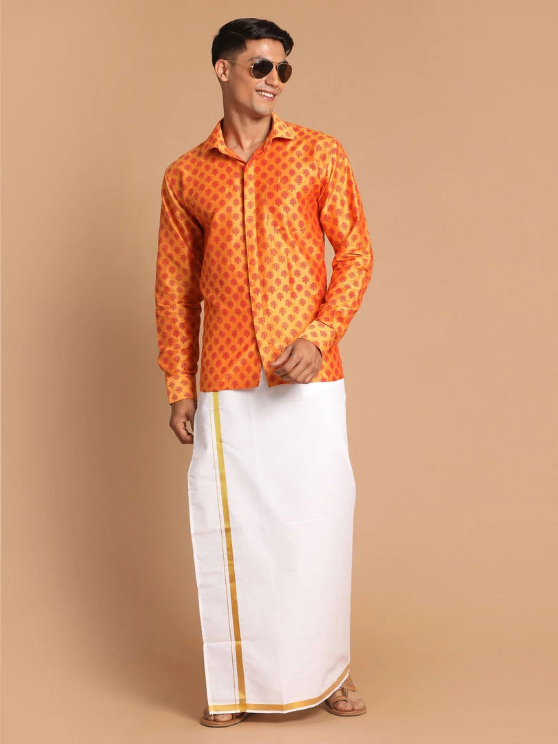 VASTRAMAY Men's Orange Silk Blend Printed Shirt And Mundu Set 8 VASTRAMAY Men's Orange Silk Blend Printed Shirt And Mundu Set