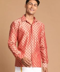VASTRAMAY Men's Pink Silk Blend Printed Shirt