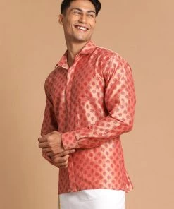 VASTRAMAY Men's Pink Silk Blend Printed Shirt