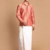 VASTRAMAY Men's Pink Silk Blend Printed Shirt And Mundu Set