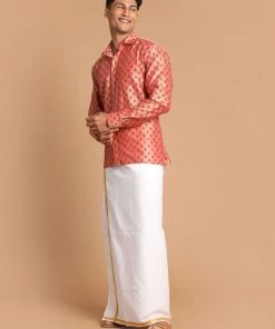VASTRAMAY Men's Pink Silk Blend Printed Shirt And Mundu Set