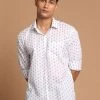 VASTRAMAY Men's Blue And White Woven Design Cotton Shirt