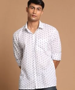 VASTRAMAY Men's Blue And White Woven Design Cotton Shirt