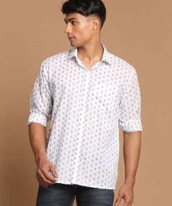 VASTRAMAY Men's Blue And White Woven Design Cotton Shirt