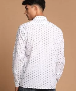 VASTRAMAY Men's Blue And White Woven Design Cotton Shirt