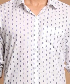 VASTRAMAY Men's Blue And White Woven Design Cotton Shirt