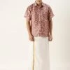VASTRAMAY Men's Multi-Color Silk Blend Printed Shirt And Mundu Set 1 VASTRAMAY Men's Multi-Color Silk Blend Printed Shirt And Mundu Set