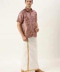 VASTRAMAY Men's Multi-Color Silk Blend Printed Shirt And Mundu Set