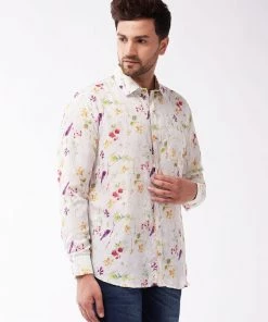 Vastramay Men's Multicolour-Base-Cream Muslin Ethnic Shirtt