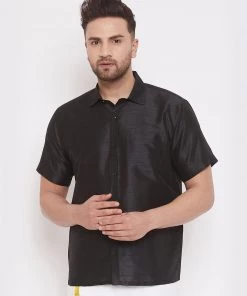 Vastramay Men's Black Silk Blend Ethnic Shirt