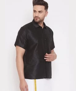 Vastramay Men's Black Silk Blend Ethnic Shirt