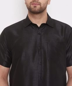 Vastramay Men's Black Silk Blend Ethnic Shirt