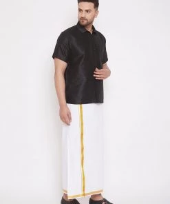 Vastramay Pongal Men's Black And White Silk Blend Shirt And Mundu Set