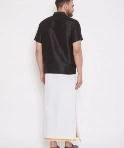 Vastramay Pongal Men's Black And White Silk Blend Shirt And Mundu Set