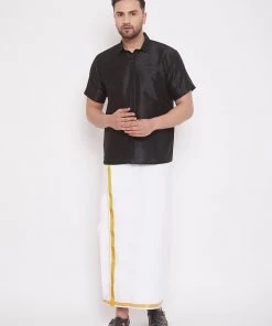 Vastramay Pongal Men's Black And White Silk Blend Shirt And Mundu Set