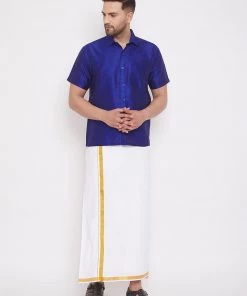 Vastramay Men's Blue And White Silk Blend Shirt And Mundu Set Pongal