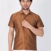 Vastramay Men's Brown Silk Blend Ethnic Shirt