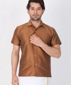 Vastramay Men's Brown Silk Blend Ethnic Shirt