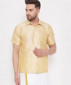 Vastramay Men's Gold Silk Blend Ethnic Shirt