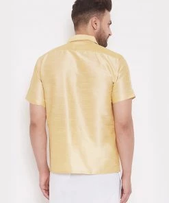 Vastramay Men's Gold Silk Blend Ethnic Shirt