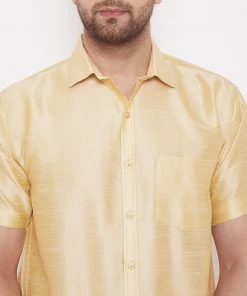 Vastramay Men's Gold Silk Blend Ethnic Shirt