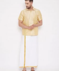 Vastramay Men's Gold Silk Blend Ethnic Shirt