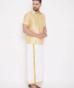 Vastramay Men's Gold And White Silk Blend Shirt And Mundu Set Pongal