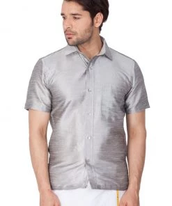 Vastramay Men's Grey Silk Blend Ethnic Shirt