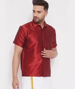 Vastramay Men's Maroon Silk Blend Ethnic Shirt