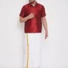 Vastramay Men's Maroon And White Silk Blend Shirt And Mundu Set 2 Vastramay Men's Maroon And White Silk Blend Shirt And Mundu Set