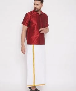 Vastramay Men's Maroon And White Silk Blend Shirt And Mundu Set
