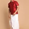 Ganesh Chaturthi VASTRAMAY Men's Maroon Silk Blend Shirt And Mundu Set