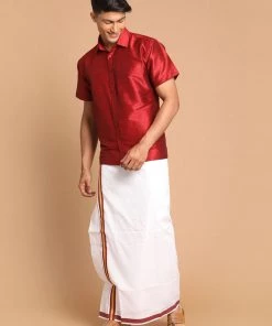Ganesh Chaturthi VASTRAMAY Men's Maroon Silk Blend Shirt And Mundu Set