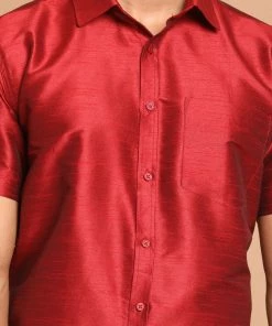 Ganesh Chaturthi VASTRAMAY Men's Maroon Silk Blend Shirt And Mundu Set
