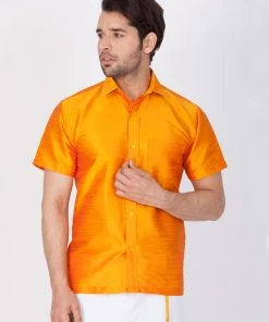 Vastramay Men's Orange Silk Blend Ethnic Shirt