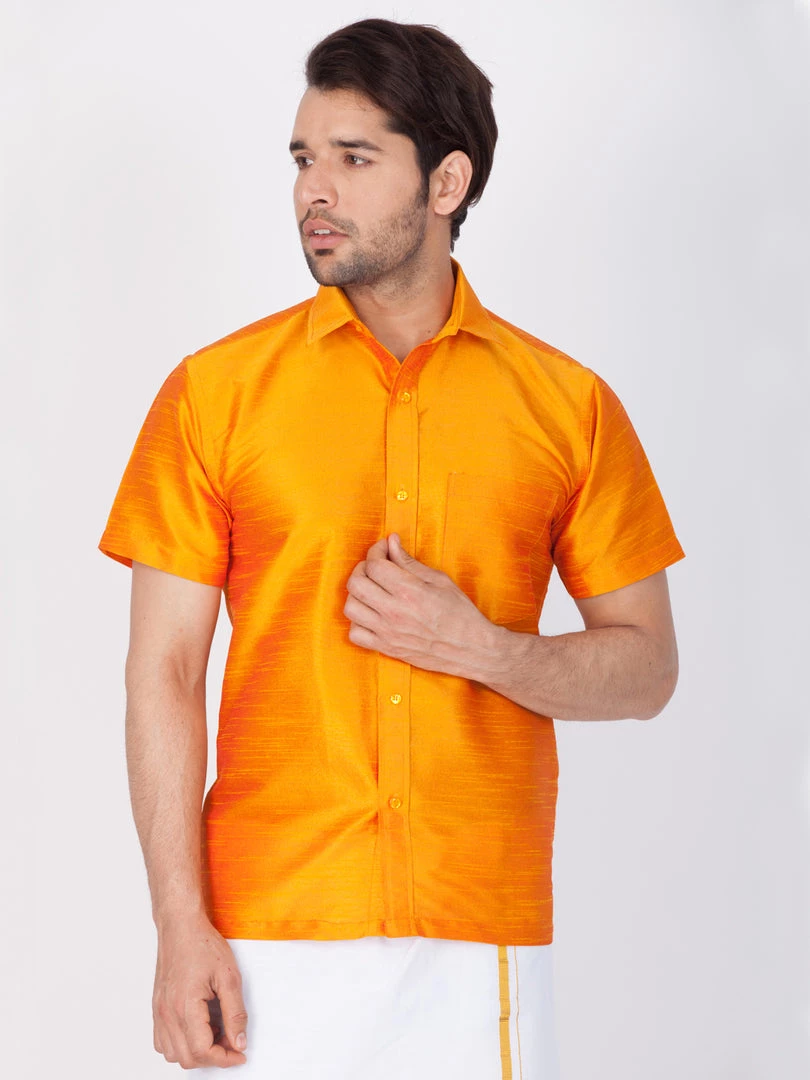 Vastramay Men's Orange Silk Blend Ethnic Shirt 3 Vastramay Men's Orange Silk Blend Ethnic Shirt