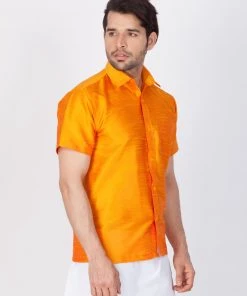 Vastramay Men's Orange Silk Blend Ethnic Shirt