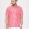 Vastramay Men's Pink Silk Blend Ethnic Shirt