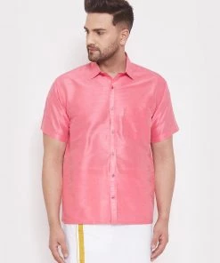Vastramay Men's Pink Silk Blend Ethnic Shirt