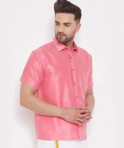 Vastramay Men's Pink Silk Blend Ethnic Shirt