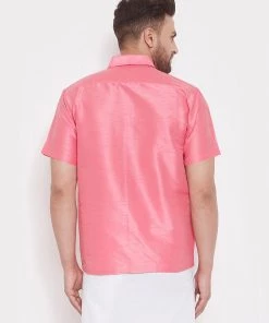 Vastramay Men's Pink Silk Blend Ethnic Shirt