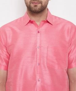 Vastramay Men's Pink Silk Blend Ethnic Shirt