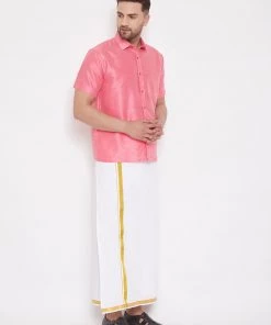 Vastramay Men's Pink And White Silk Blend Shirt And Mundu Set