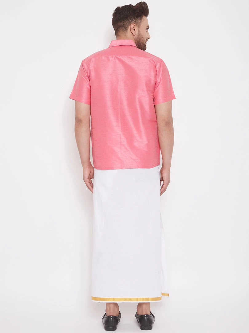 Vastramay Men's Pink And White Silk Blend Shirt And Mundu Set 5 Vastramay Men's Pink And White Silk Blend Shirt And Mundu Set