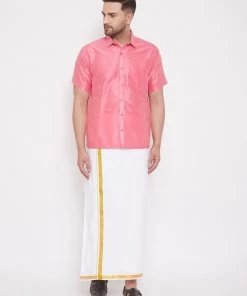 Vastramay Men's Pink And White Silk Blend Shirt And Mundu Set 14 Vastramay Men's Pink And White Silk Blend Shirt And Mundu Set