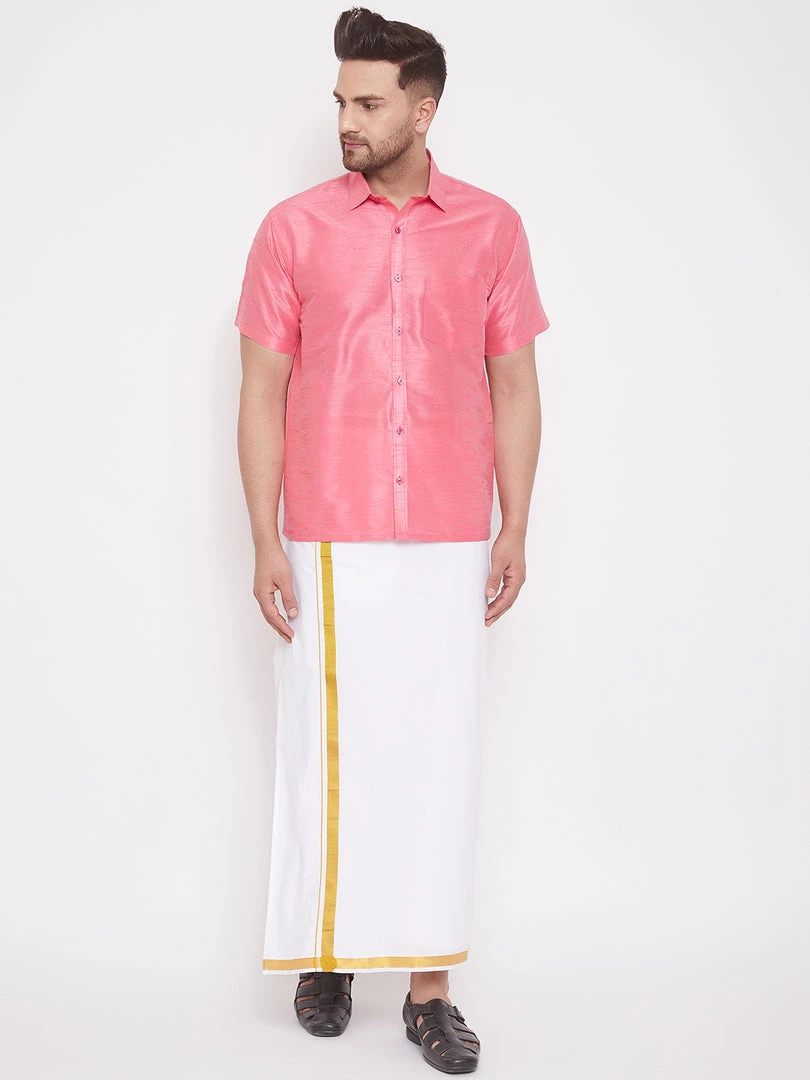 Vastramay Men's Pink And White Silk Blend Shirt And Mundu Set 8 Vastramay Men's Pink And White Silk Blend Shirt And Mundu Set