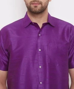 Vastramay Men's Purple Silk Blend Ethnic Shirt