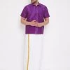 Vastramay Men's Purple And White Silk Blend Shirt And Mundu Set Pongal