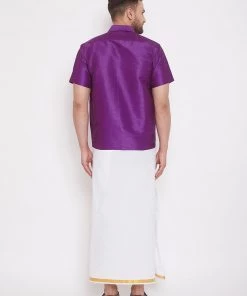 Vastramay Men's Purple And White Silk Blend Shirt And Mundu Set Pongal