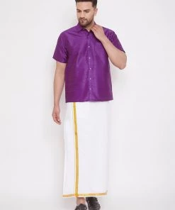 Vastramay Men's Purple And White Silk Blend Shirt And Mundu Set Pongal